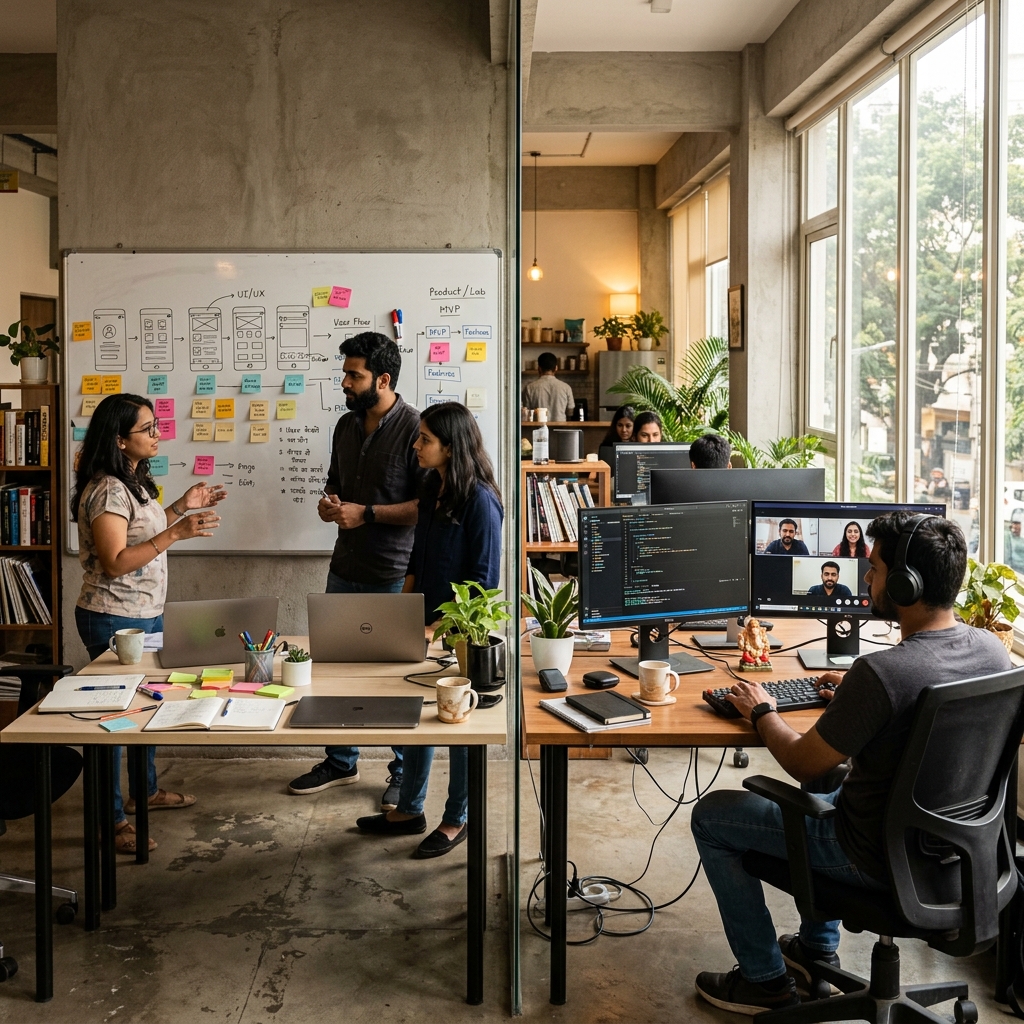 An Indian coworking space split by a glass partition — a product design whiteboard zone on one side and a developer workstation with code on the other, bathed in warm natural light