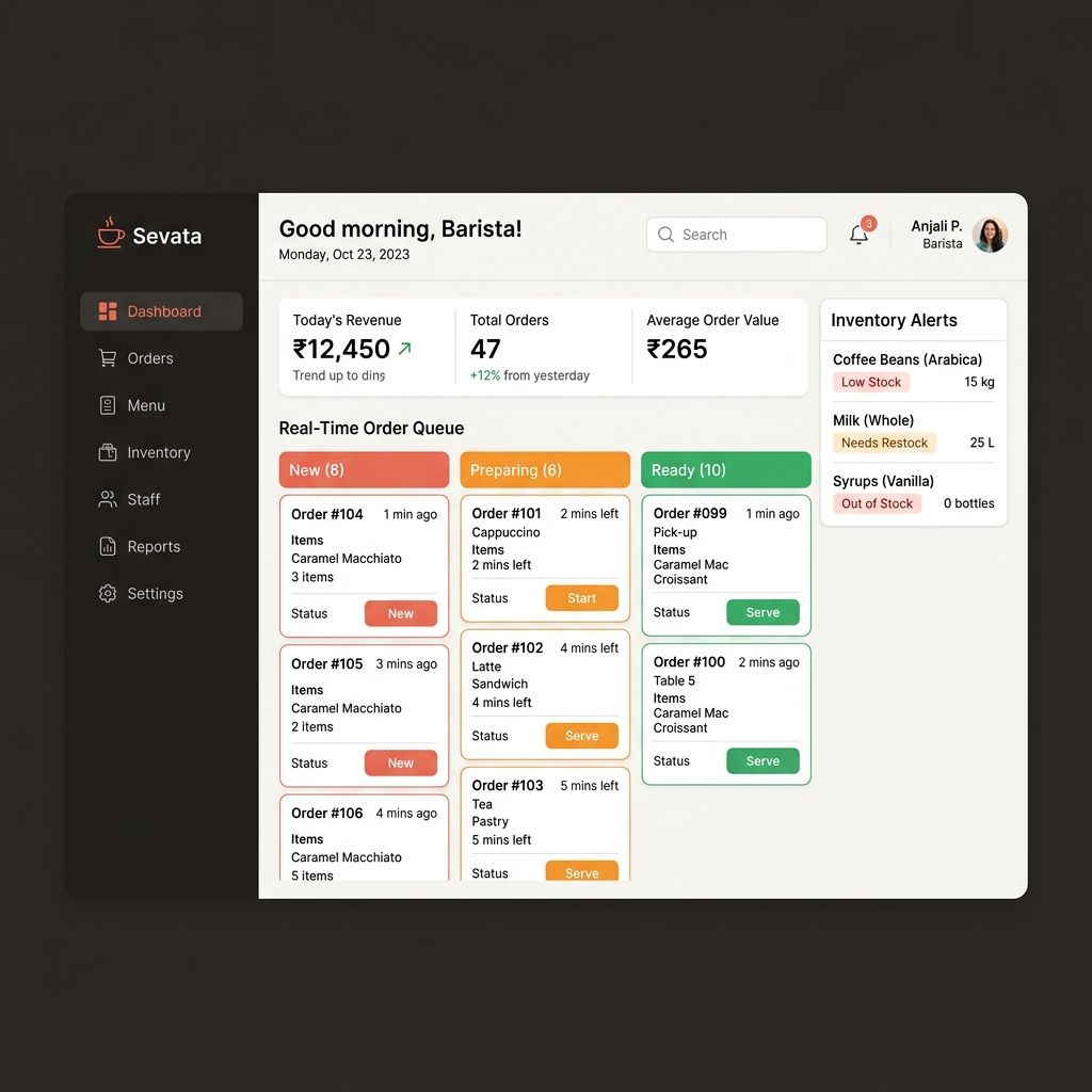 Sevata dashboard with real-time order queue and revenue stats