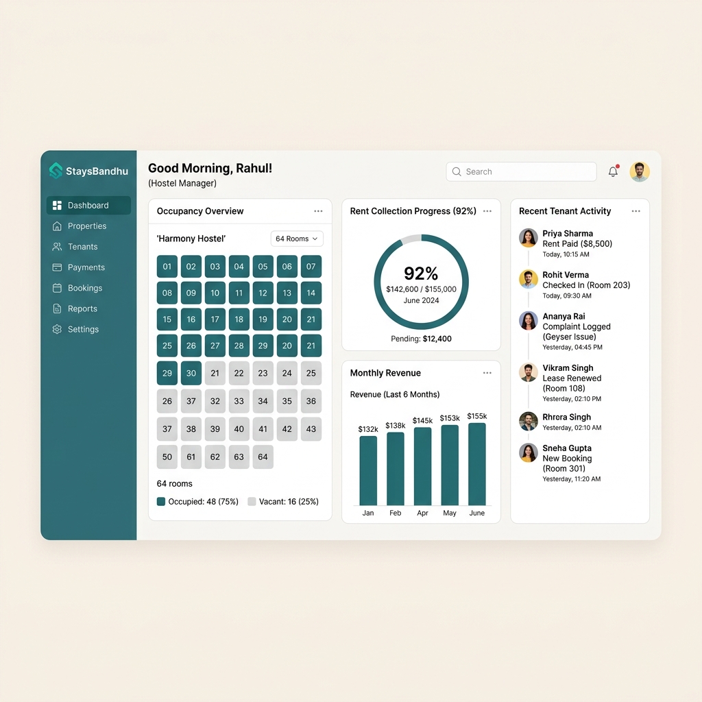 A StaysBandhu management dashboard showing room occupancy, rent collection progress, and tenant activity for an Indian PG operator