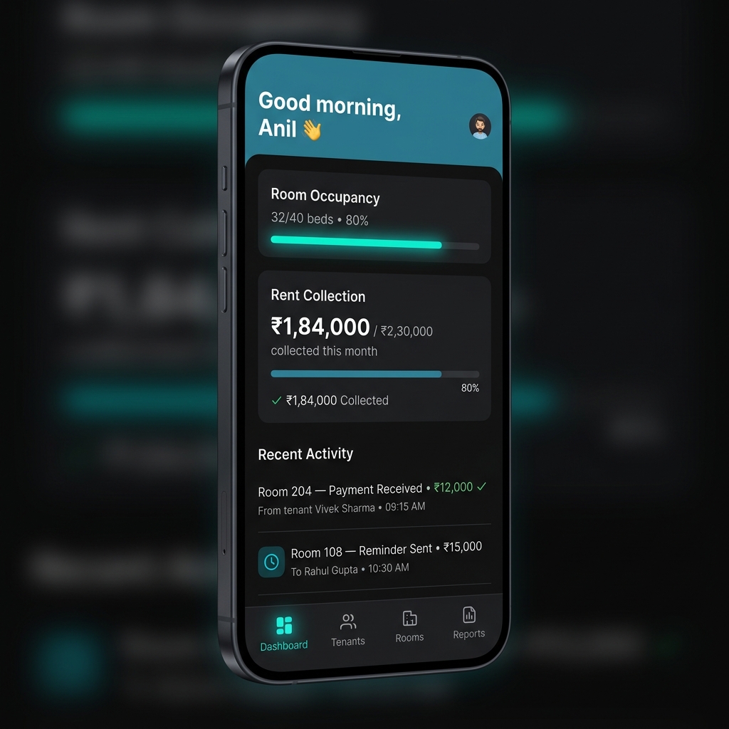 StaysBandhu mobile app showing rent collection dashboard, room occupancy, and tenant activity